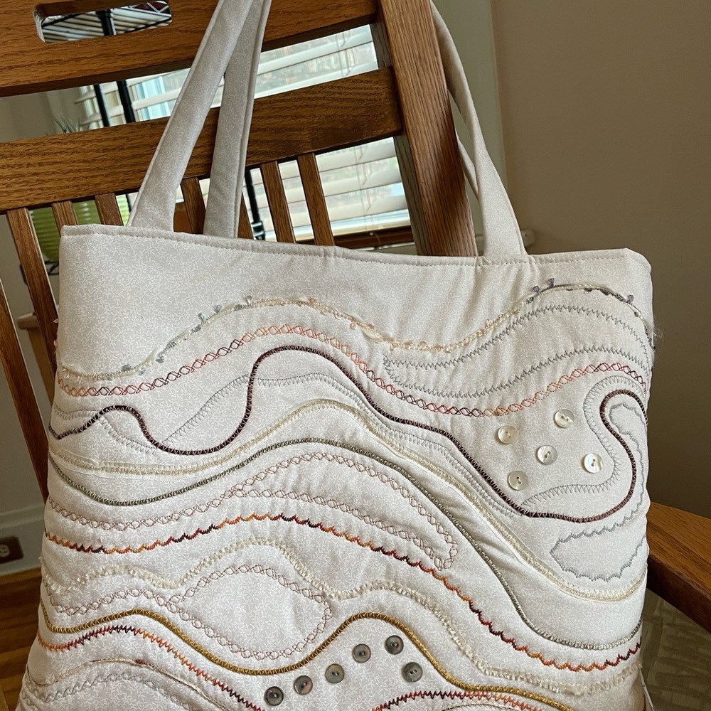 Handmade quilted couched Cream Tote Bag